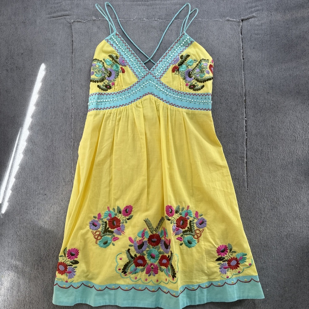 Boston Proper Yellow Embroidered Boho Maxi‎ Dress Spaghetti Strap Womens 8
